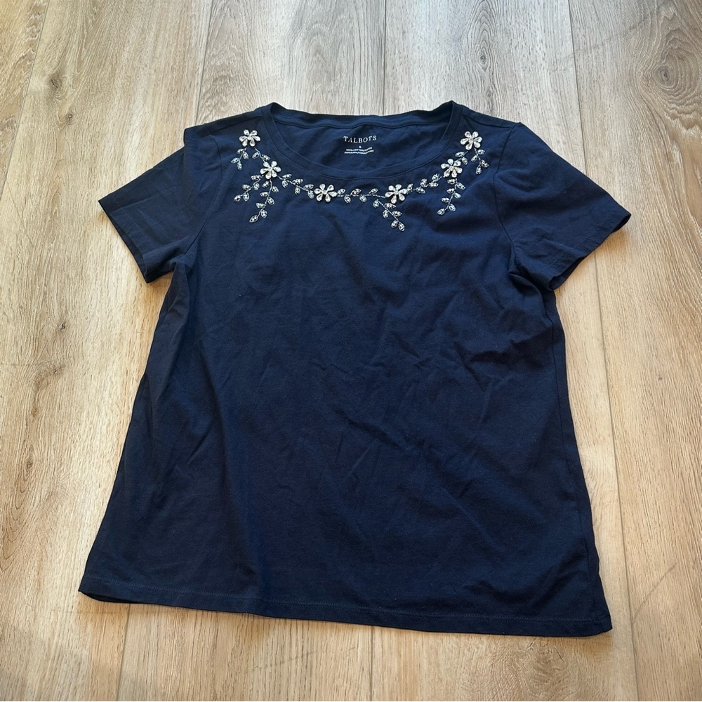 Talbots navy top with floral sequin collar